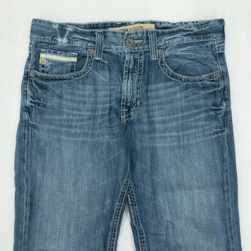 Big Star Pioneer Jeans Mens 33R Blue Distressed Boot Cut Raw Hem Buckle